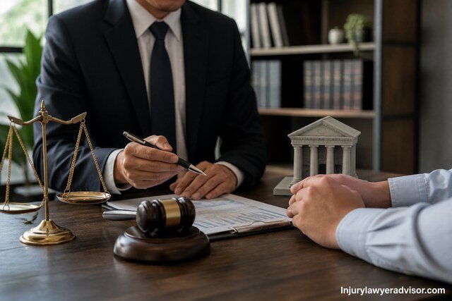 A professional legal consultation scene with a lawyer pointing at financial documents on a desk, alongside a gavel, scales of justice, and a small bank model.