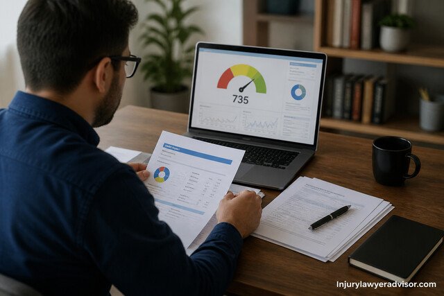 A realistic scene of a person reviewing financial documents on a desk with a laptop and calculator, symbolizing credit score evaluation and reporting.
