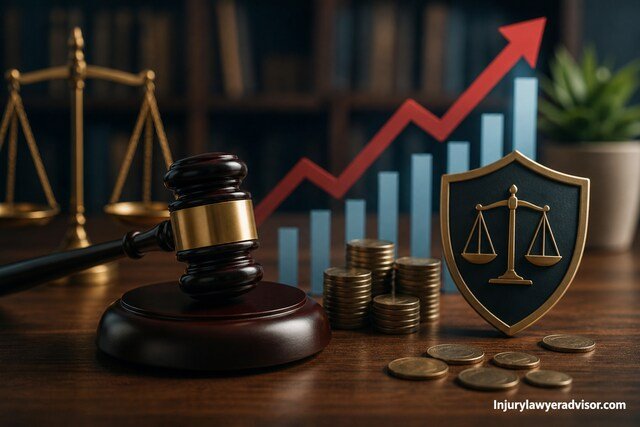 A judge’s gavel on a desk beside stacked coins, a shield with scales of justice, and a rising financial chart in the background.