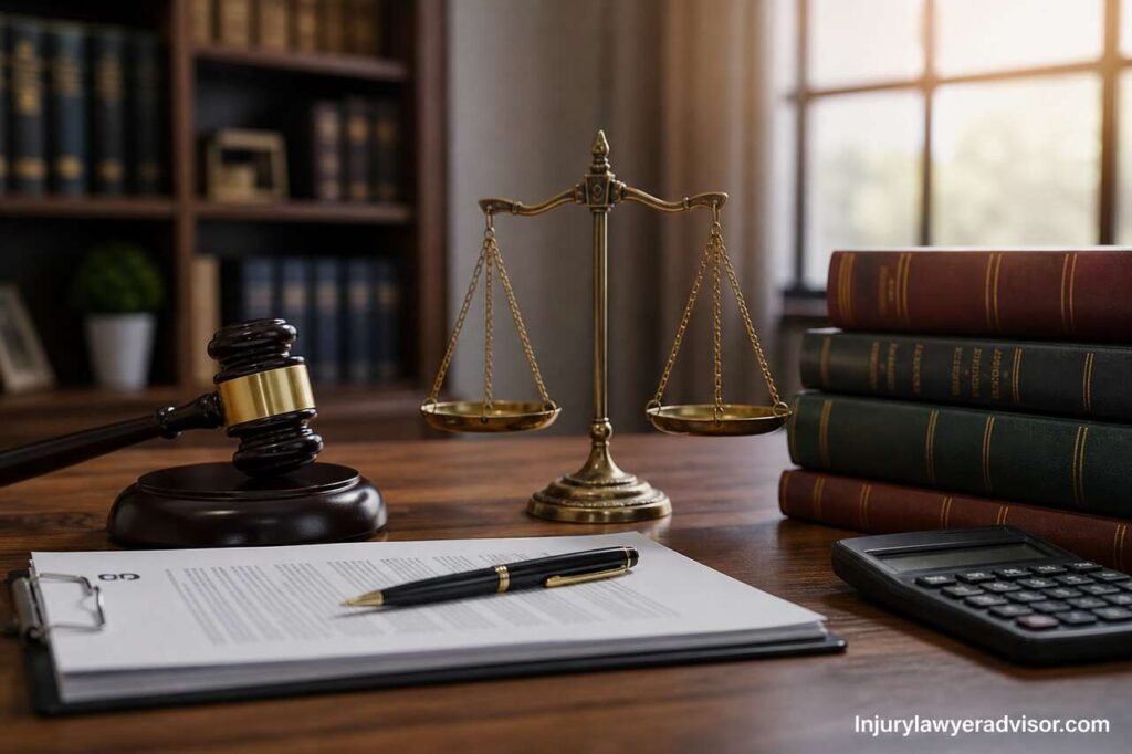 Bankruptcy Laws Explained for Beginners: Practical Guide to Debt Relief Law office desk with gavel, justice scales, legal documents, and calculator symbolizing bankruptcy laws and financial recovery.