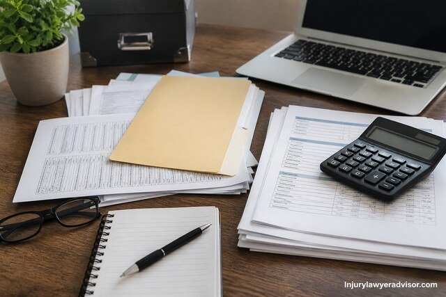 Organized desk with financial documents, calculator, laptop, and folder in a realistic office setting.