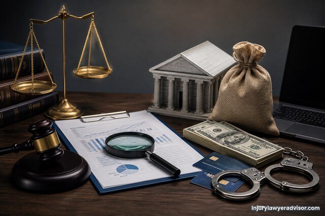 Financial fraud scene with legal tools, cash, and documents.