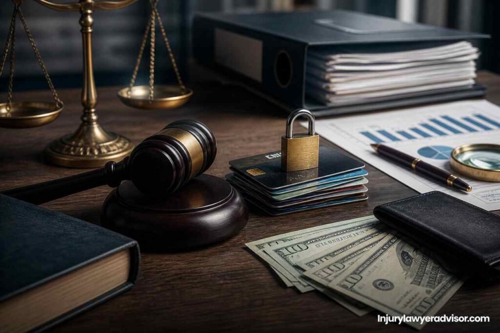 Realistic financial security concept showing legal and digital protection against financial fraud with professionals reviewing documents and cybersecurity shield visuals.