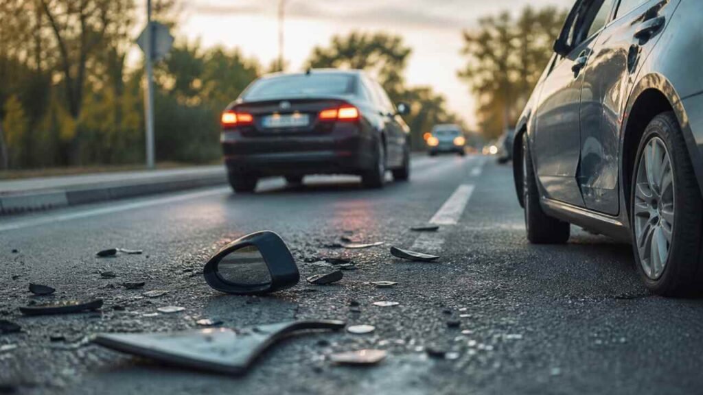 Hit and Run Laws: Legal Duties, Penalties and Insurance Claims Hit and run accident scene with damaged car and road debris