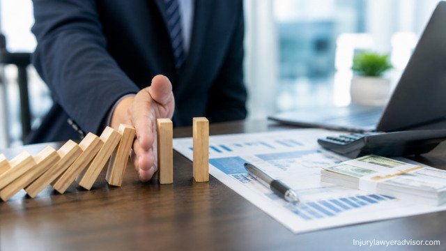 Businessman preventing domino effect to manage financial risk