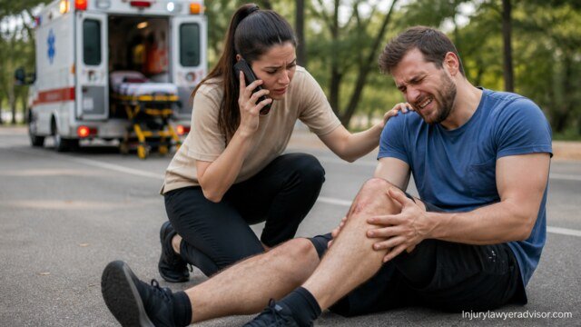 Woman assisting injured man and calling emergency services