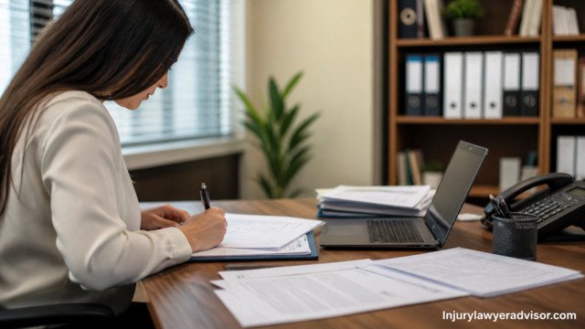 Filing insurance complaint form at office desk