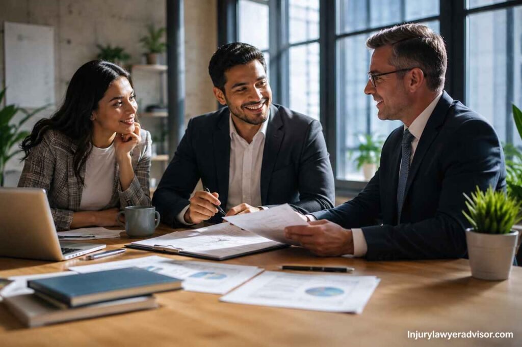 Business team reviewing legal documents in a modern office setup