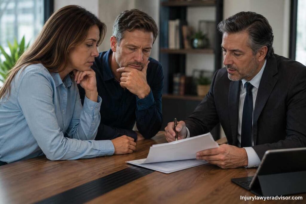 People reviewing insurance settlement documents in a professional office setting