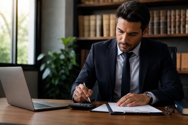 Professional man calculating figures at a desk with documents and laptop in a modern office.