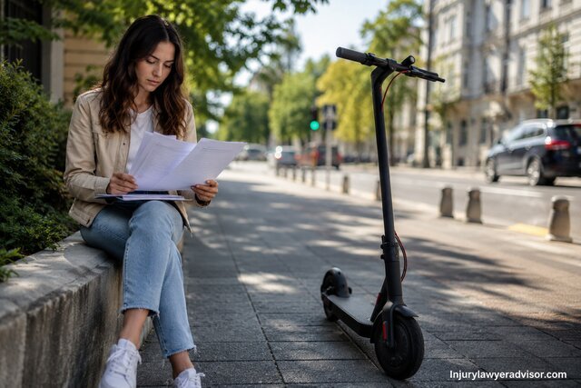 Woman reviewing legal papers beside a parked electric scooter on a sunny urban sidewalk.