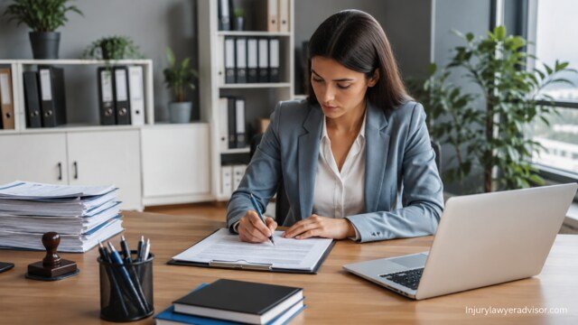Business owner registering company documents at government office