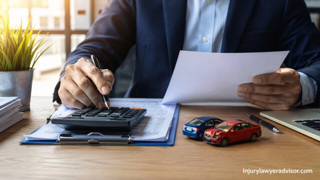 Insurance adjuster reviewing accident claim settlement documents