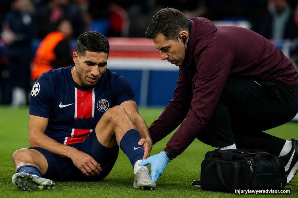 Hakimi Injury: Recovery Timeline, Match Impact and Return to Form Realistic football scene showing an injured player receiving medical treatment during a professional match.