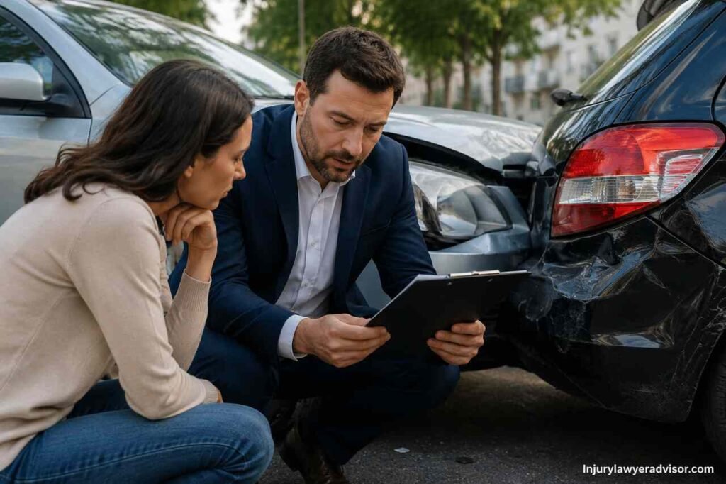 Lawyer reviewing car accident settlement documents beside damaged vehicles after a collision.