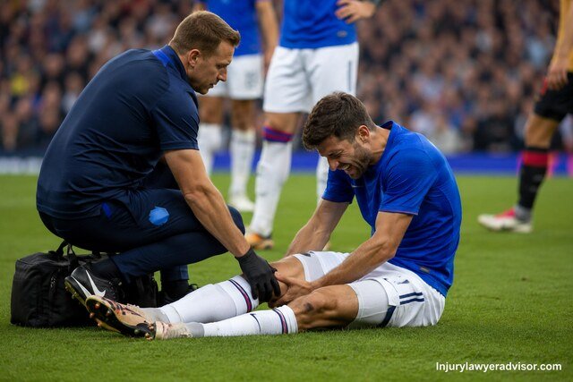 Soccer player receiving medical attention for a hamstring injury during a high-intensity match on a professional stadium field.