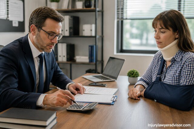 Doctor and patient reviewing medical bills and future treatment cost calculations on a desk.