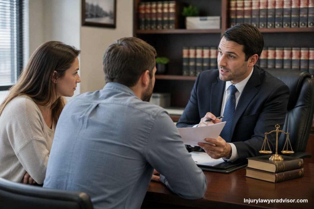 Lawyer reviewing legal documents with courtroom background and financial agreement discussion.