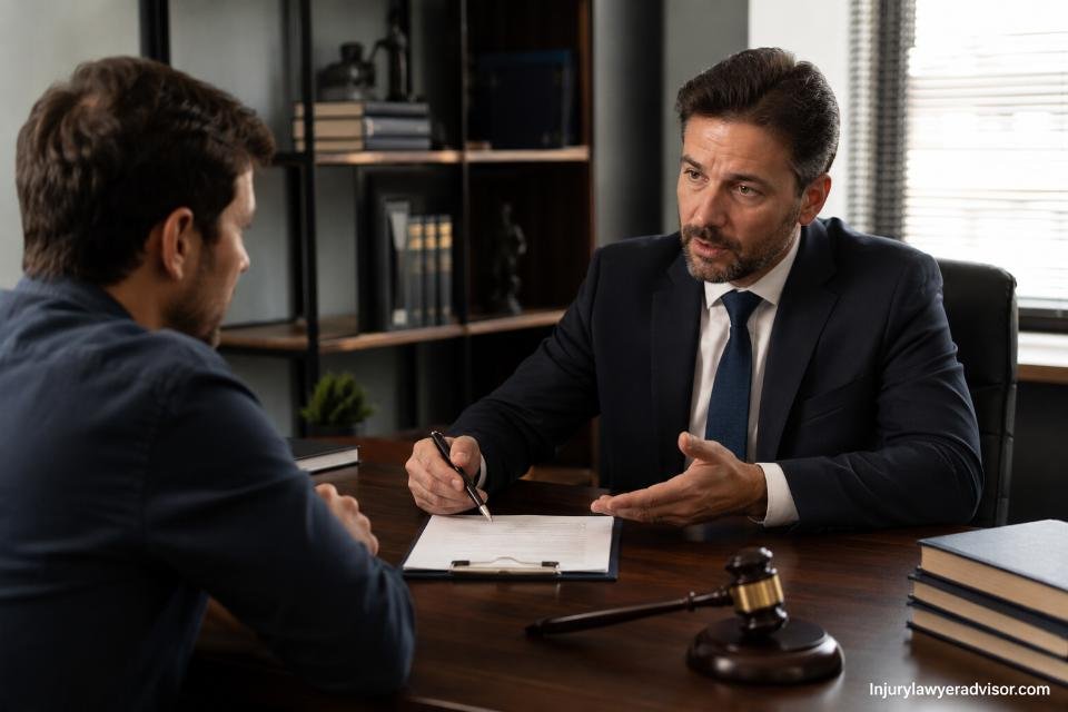Lawyer explaining contingency fee agreement to client in a modern office. “Injurylawyeradvisor.com” appears subtly in the corner.