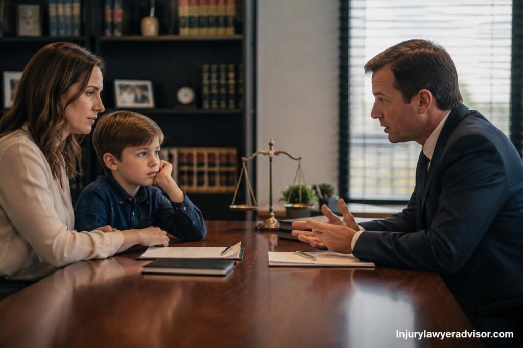 Lawyer consulting with a family in a modern office, explaining divorce and family law matters in a professional legal setting.