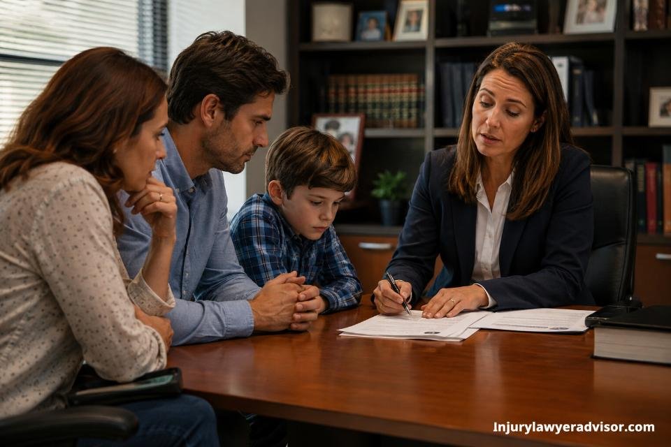 Family lawyer consulting a couple and child in an office reviewing legal documents.