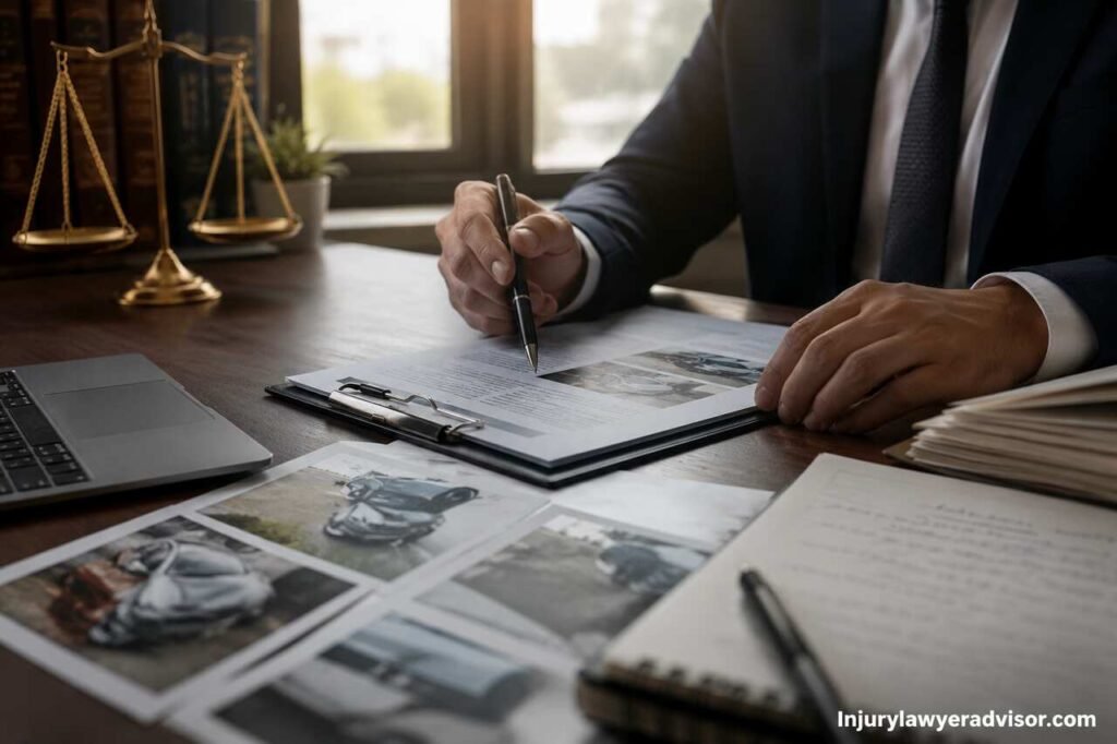 What Evidence Is Needed in Injury Cases? Essential Proof to Strengthen a Personal Injury Claim Lawyer reviewing injury case evidence documents and accident photos in a professional office setting.