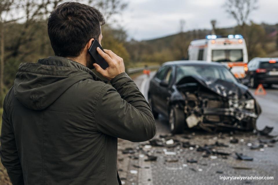 A man calls emergency services beside a damaged car on a roadside accident scene while an ambulance arrives in the background.