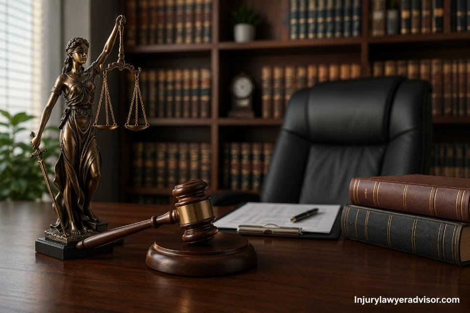 Realistic law office desk scene with Lady Justice statue, gavel, legal books, and warm professional lighting, subtle “Injurylawyeradvisor.com” watermark in corner.