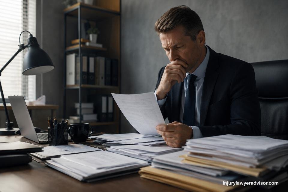 A realistic office scene showing a stressed businessman in a suit reviewing legal documents at a cluttered desk under soft natural lighting.
