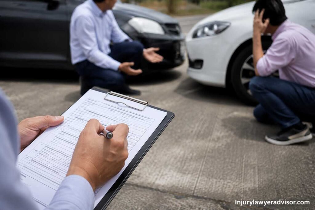 What Is Auto Law? Guide to Traffic Regulations, Insurance Claims, and Vehicle Liability Road accident scene with insurance claim being filled out and drivers discussing vehicle damage.