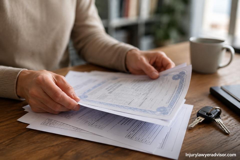 Close-up of hands sorting vehicle registration papers on a wooden desk with car keys nearby.