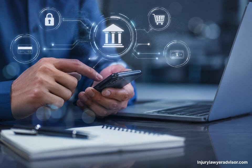 Hands using a smartphone at a modern desk with holographic banking and security icons floating above, representing digital banking and electronic payment systems.