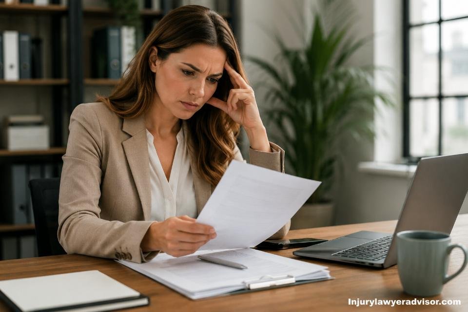 A realistic office scene showing a concerned woman reviewing documents at her desk beside a laptop, conveying workplace stress and focus.