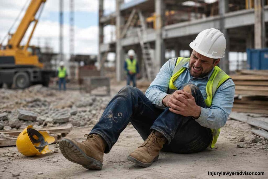 Injured construction worker sitting on a construction site after an accident, highlighting workplace injury claims, compensation, and legal recovery.