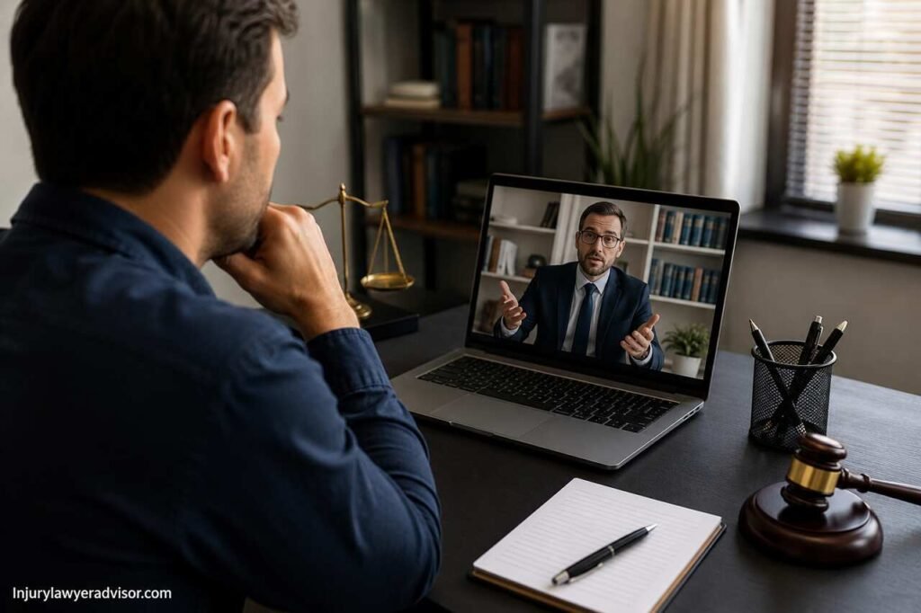 Online Lawyer Consultation: Is It Worth It? Guide to Costs, Benefits, Risks, and Legal Outcomes Professional online lawyer consultation through a video call, showing a client discussing legal matters with an attorney in a modern office setting.