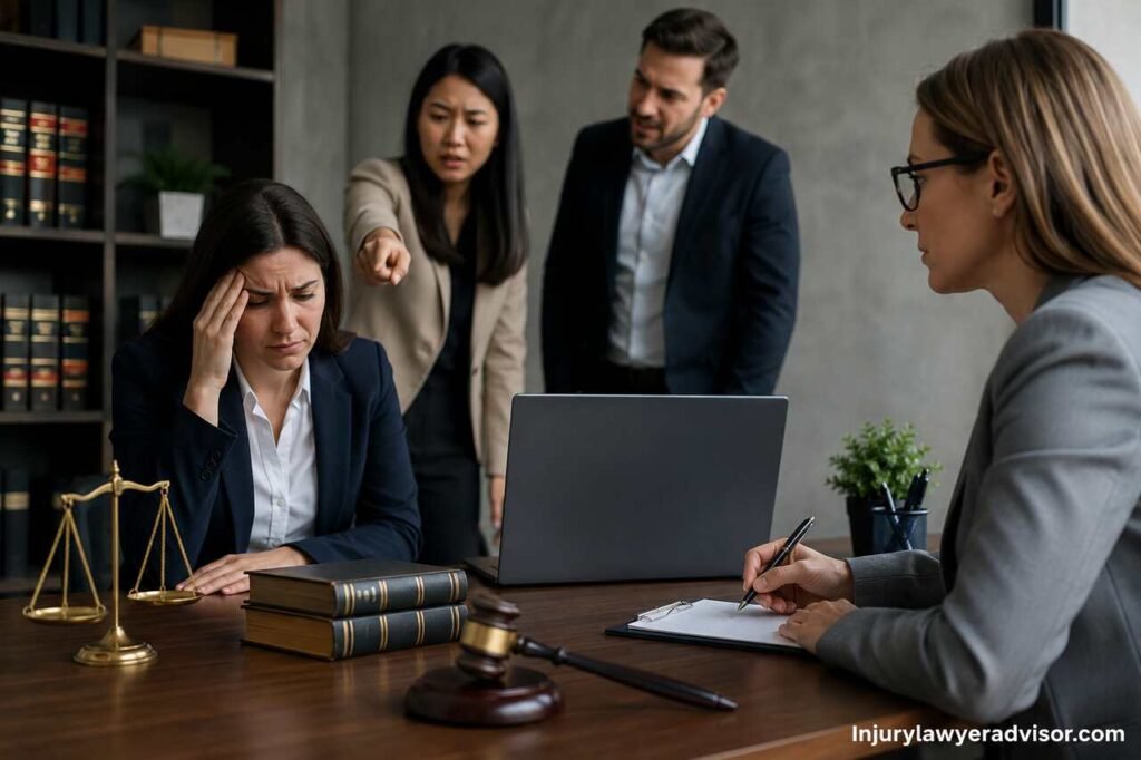 How to Handle Workplace Discrimination Cases: Employee Rights and Legal Resolution Employee consulting a lawyer about workplace discrimination while evidence and legal documents are reviewed during a workplace investigation.