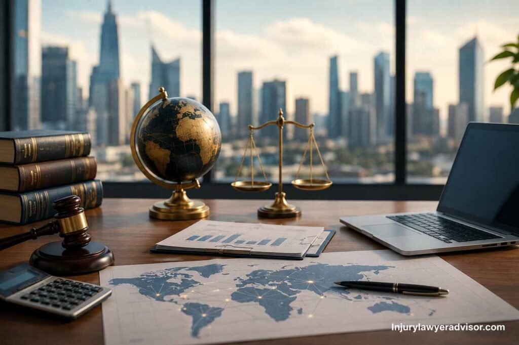 International Tax Laws Explained Simply: Guide to Cross-Border Income and Global Tax Rules International tax law workspace with a globe, legal books, financial documents, and a laptop representing global tax compliance and cross-border taxation.