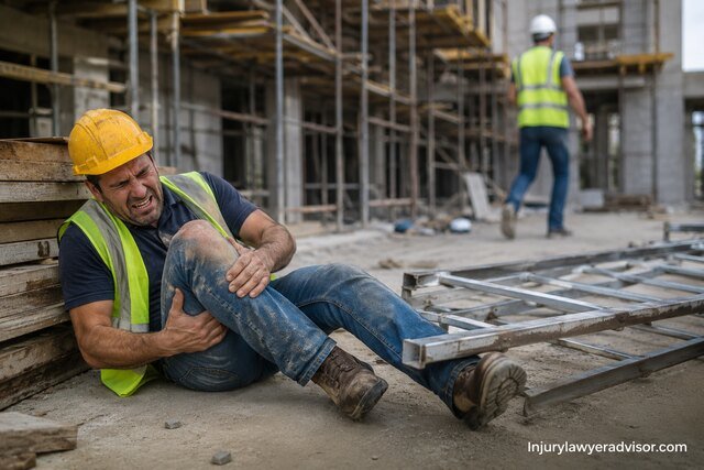 Injured construction worker beside a fallen ladder at a construction site.