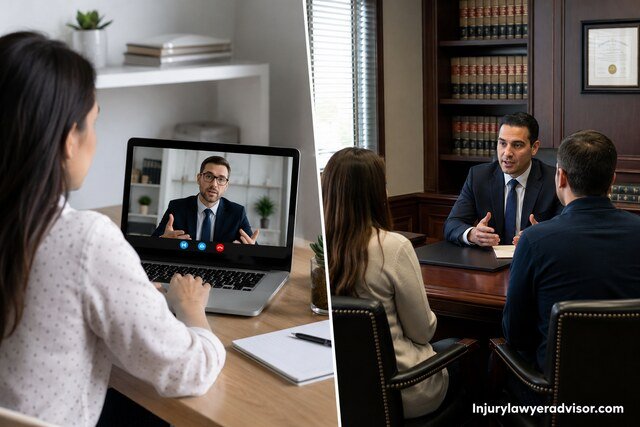 Split-screen image showing an online lawyer consultation and an in-person law office meeting.