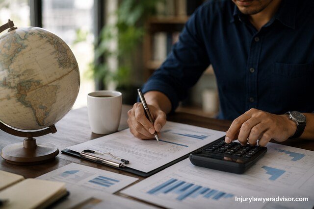 International tax planning with financial documents, calculator, and globe on an office desk.