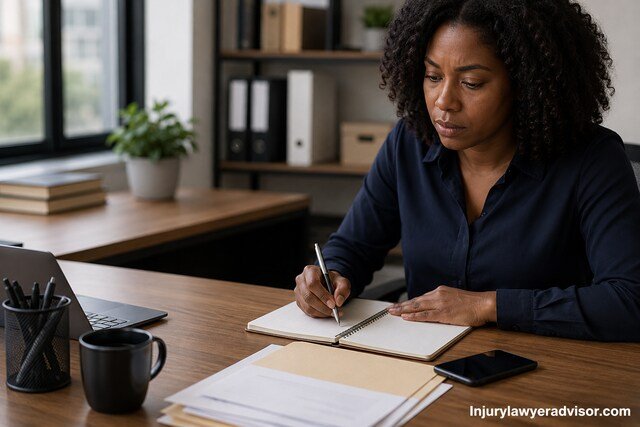 Employee documenting workplace discrimination in a professional office.