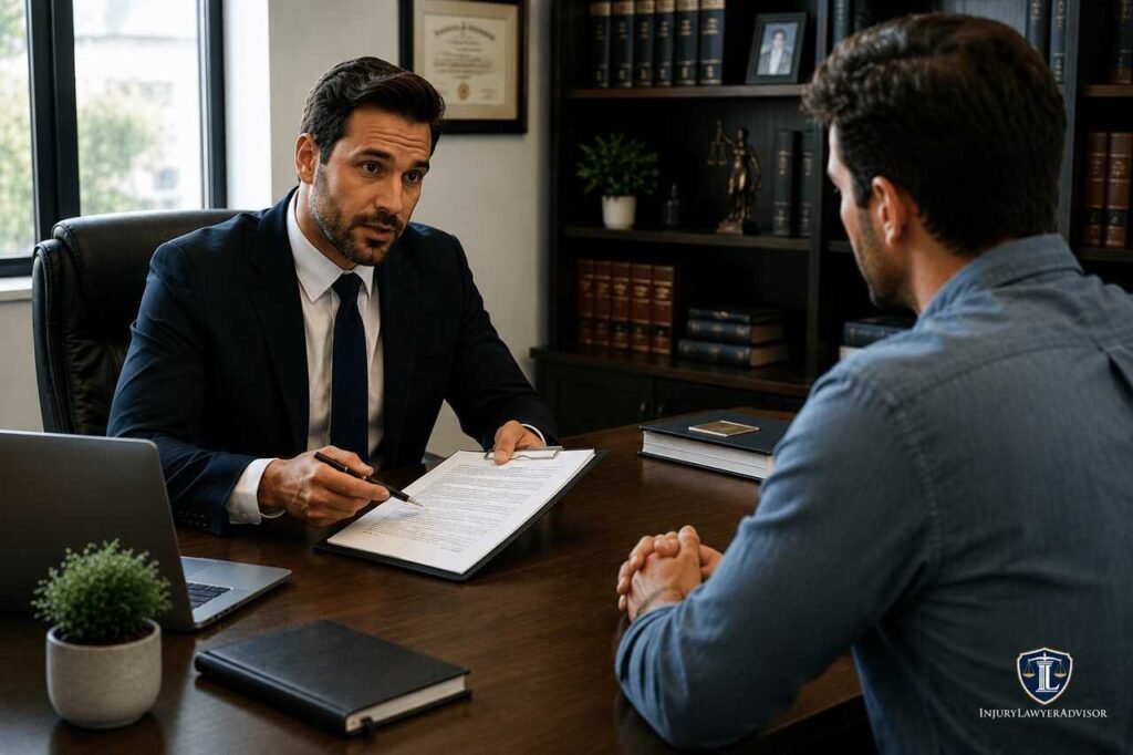 Personal injury lawyer meeting with a client in a modern law office, reviewing insurance claim documents and settlement paperwork.