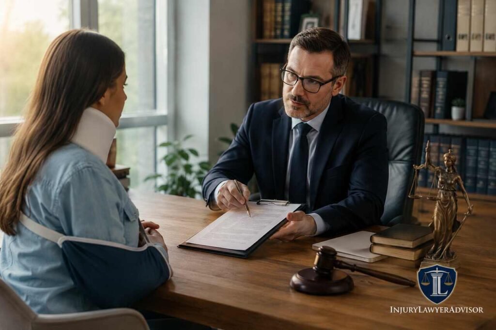 Personal Injury Lawyer Contingency Fee: Understand Costs, Percentages, and Settlement Deductions Personal injury lawyer explaining a contingency fee agreement to an injured client during a legal consultation.