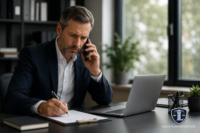 Professional man in office working on phone and notes with legal logo in corner.