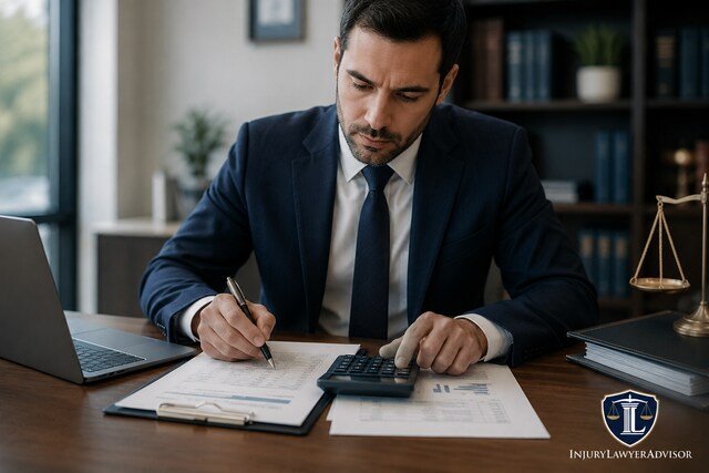 Attorney calculating settlement costs and client recovery using legal documents and a calculator in a professional law office.