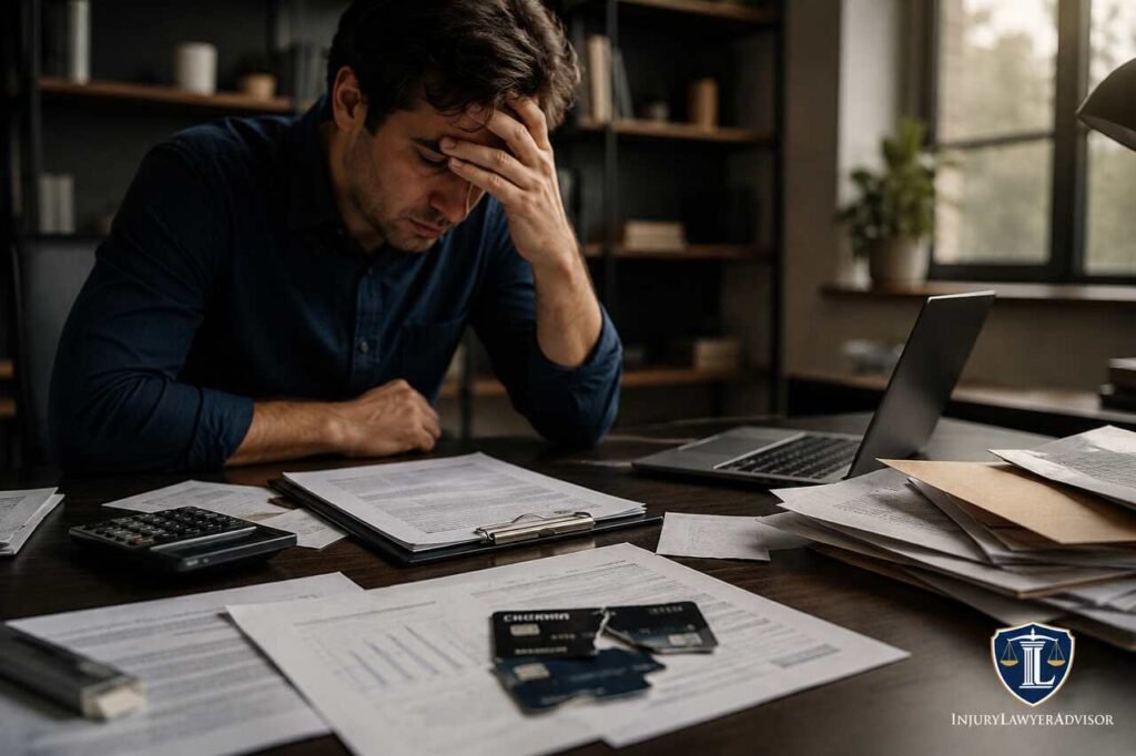 What Happens If You Default on a Loan? Complete Guide to Consequences A stressed borrower reviewing financial documents after defaulting on a loan, illustrating the consequences and recovery process.