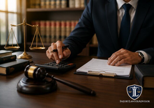 Lawyer calculating injury claim compensation with legal documents, calculator, gavel, and scales of justice in a professional office.