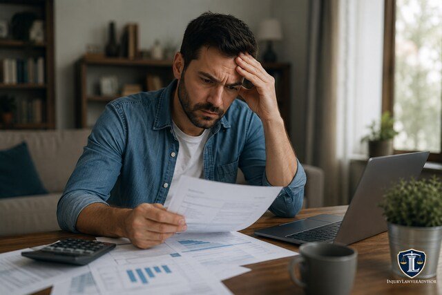 Man reviewing financial documents at a desk, showing stress from loan default and credit damage, with the InjuryLawyerAdvisor logo in the corner.