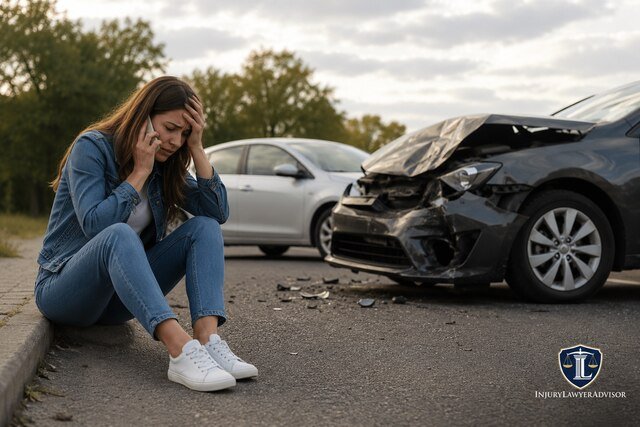 Car accident scene with driver calling insurance and damaged vehicle.