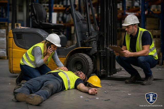 Warehouse workplace injury incident being documented by employees.